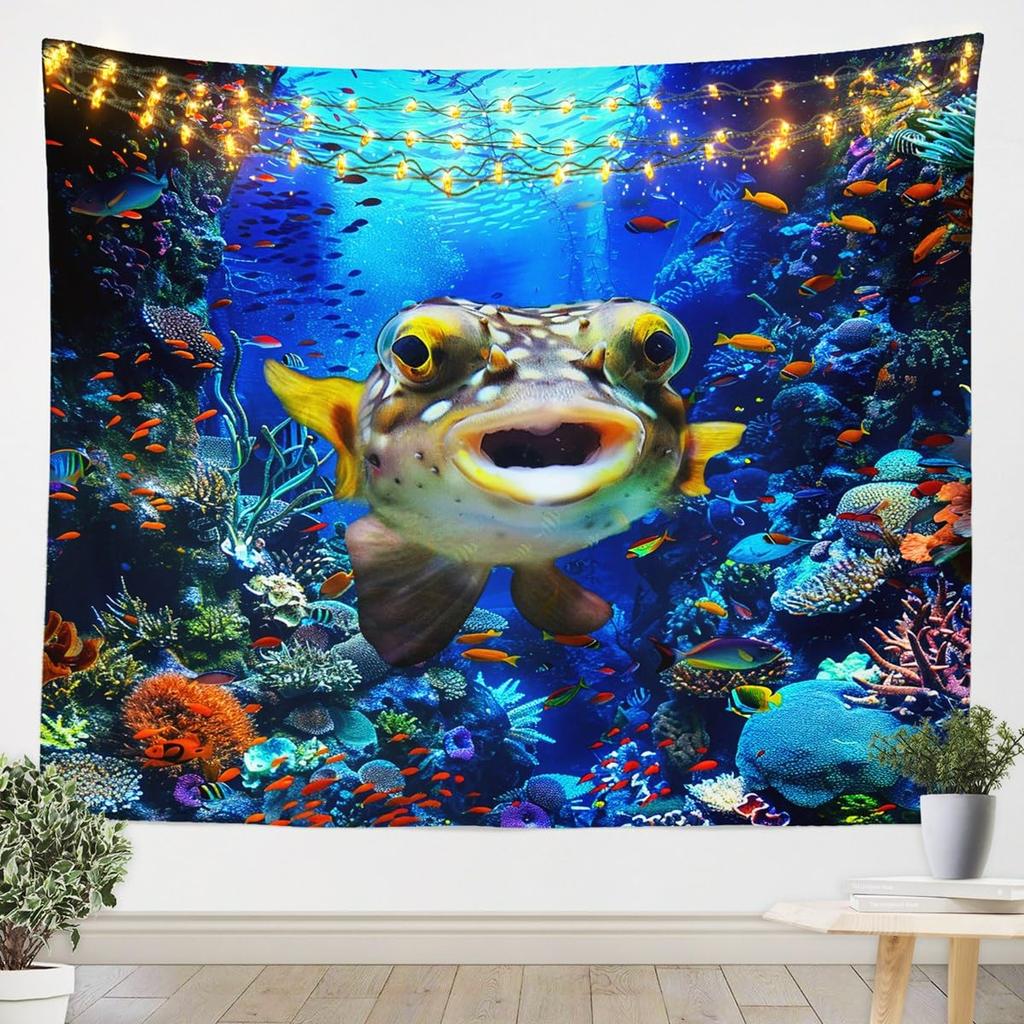 Tapeçaria de Peixe Japonês, Peixe Carpa Tai Chi Preto e Branco Pendurado na Parede Arte para Crianças Adolescentes Mulheres Homens Decoração de Quarto, Ondas do Oceano Ukiyoe