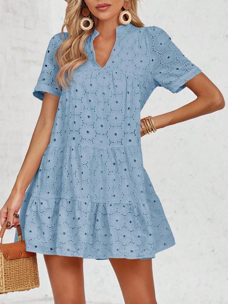 Women's Eyelet Lace Babydoll Dress Short Sleeve V Neck Flowy Summer Tunic Dress