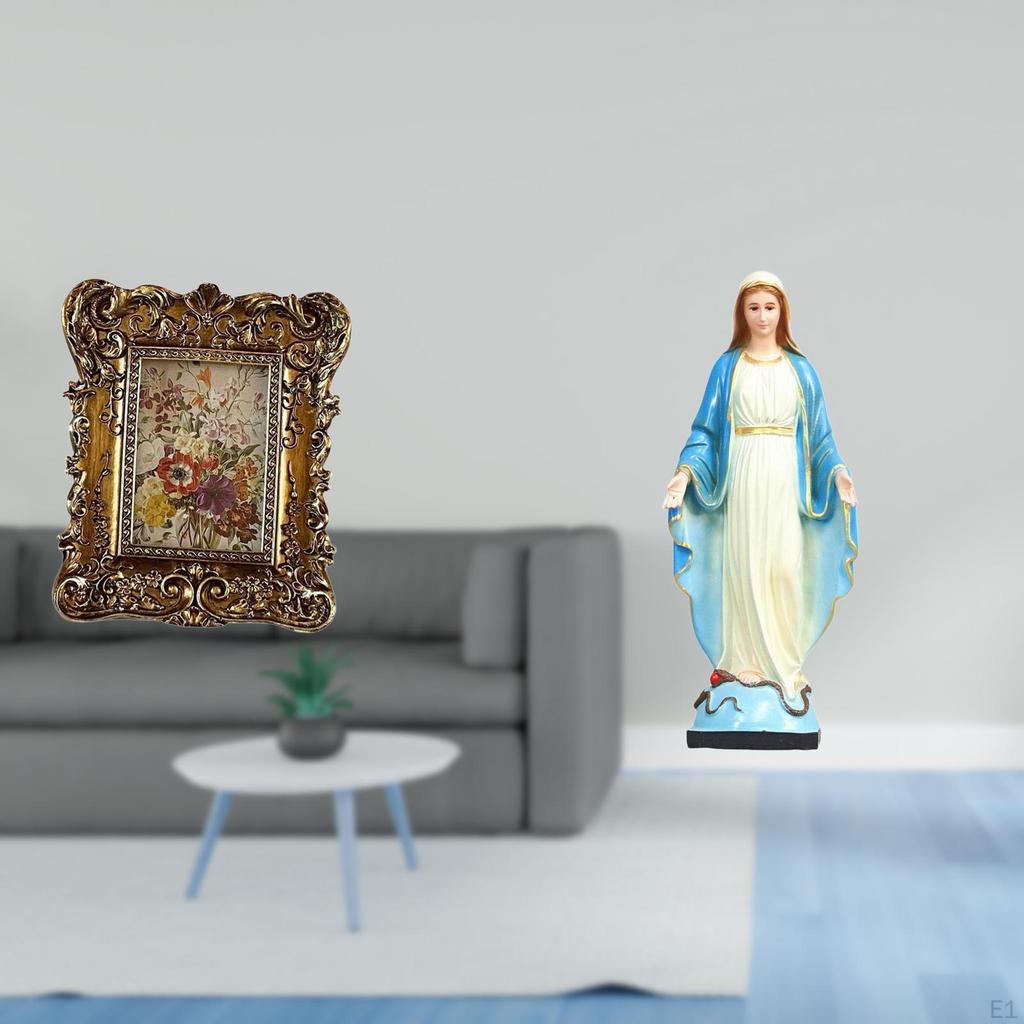 Hand Carved Floral Photo Frame with Lady of Figurine Antique Picture Holder Mary Statue Religious