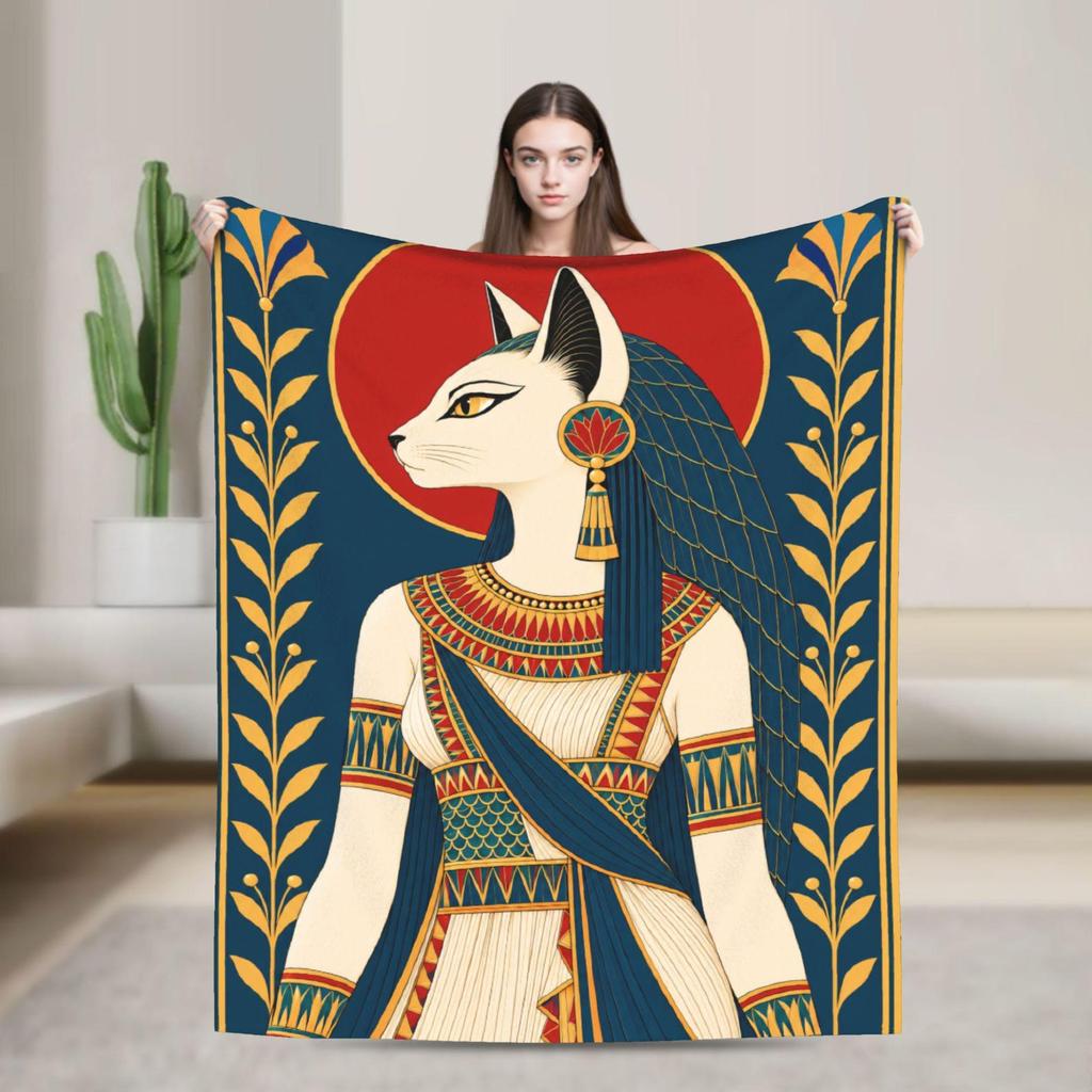 Bastet Cat Goddess Flannel Throw, Ancient Egyptian Art, Soft Cozy Blanket