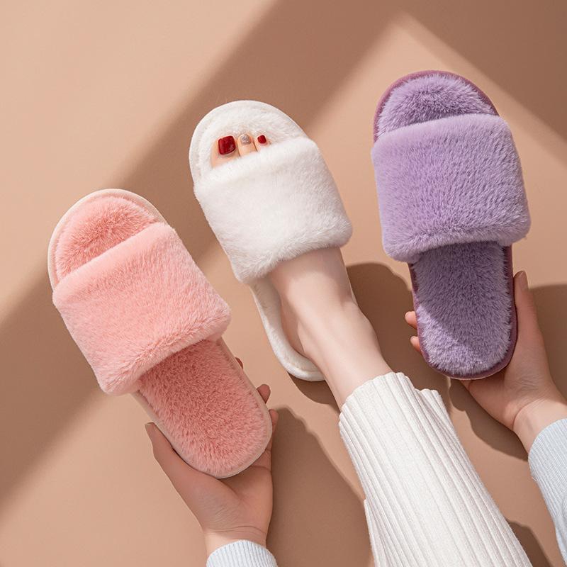 Womens Plush Slippers Open Toe Fluffy House Shoes Winter Warm Cozy Home Footwear Soft Faux Fur Indoor Slides
