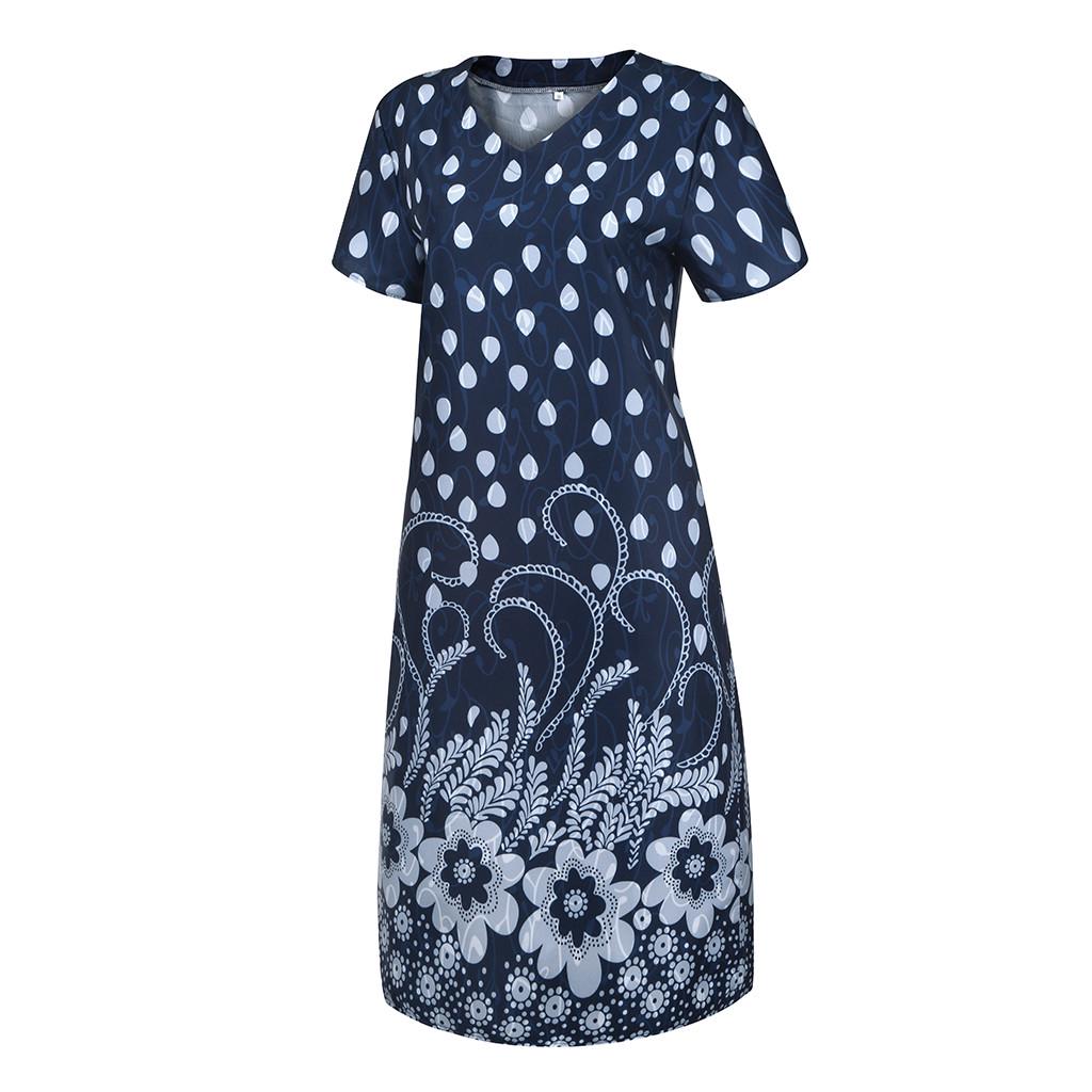 Fashion Women Casual Loose Dot Floral Print Patchwork V-Neck Short Sleeves Dress