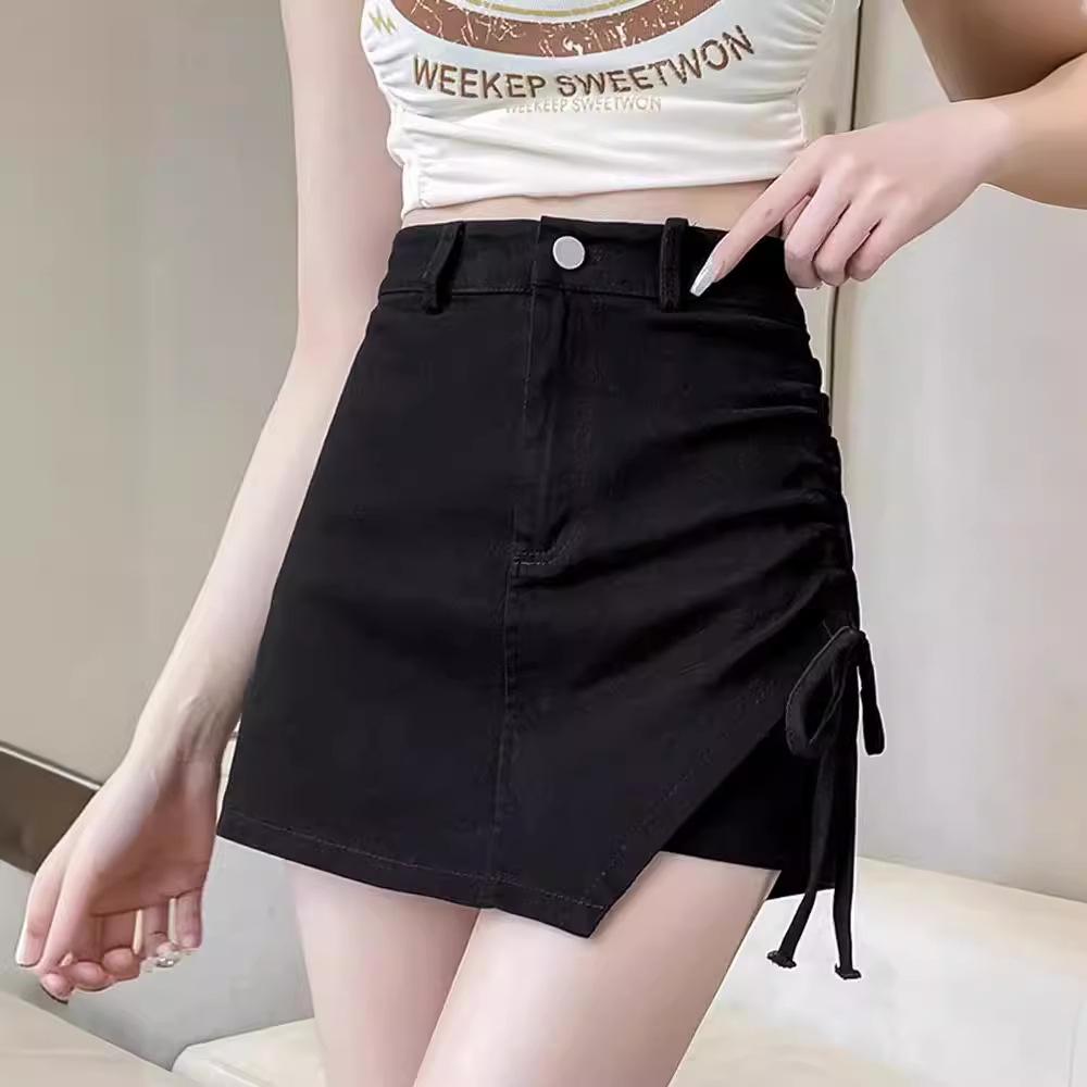 2024 Summer Black Irregular High Waist A-line Skirt with Slimming Ruched Design for Women
