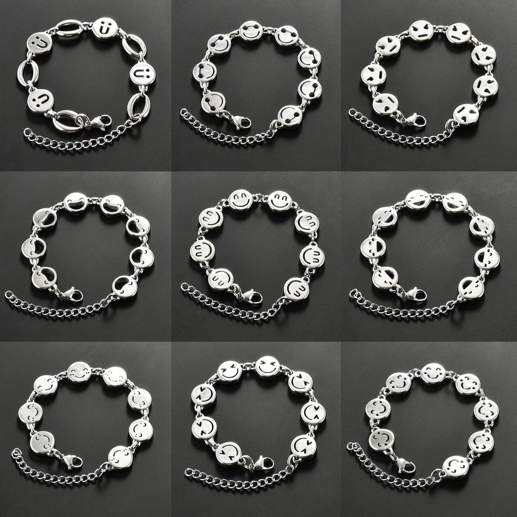 Cute Stainless Steel Funny Smile Face Bracelet Link Hand Chain for Women Men Emoji Charms Wrist Wristband Anklets Metal Jewelry