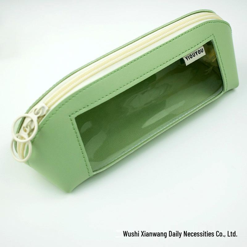 Morandi Color Double-Sided Leather Pencil Case with Transparent Window - Cross-Border 2024 Edition