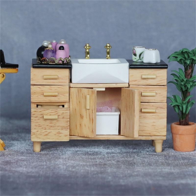 1/12 Scale Dollhouses Bathroom Sink Cabinet Miniature Wood Vanity Furniture for Creative Role Playing and Scene Display