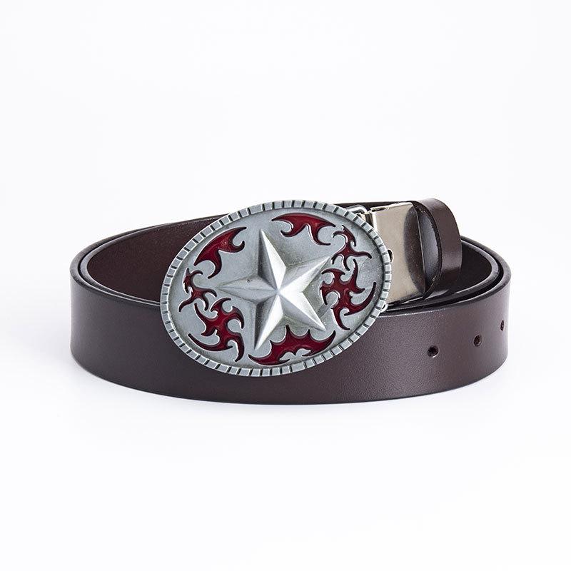 Pentagram Men's Cowhide Belt - Retro Smooth Buckle, Wide 130cm Decorative Trouser Belt