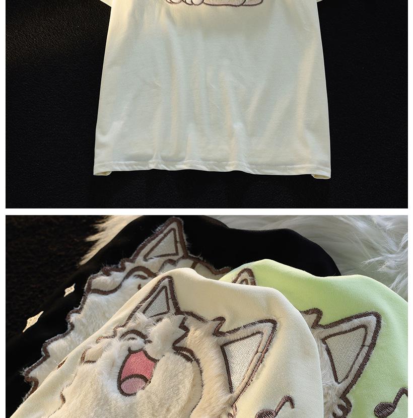 Unisexové japonské roztomilé kočičí flokované volné letní tričko v kolejním stylu