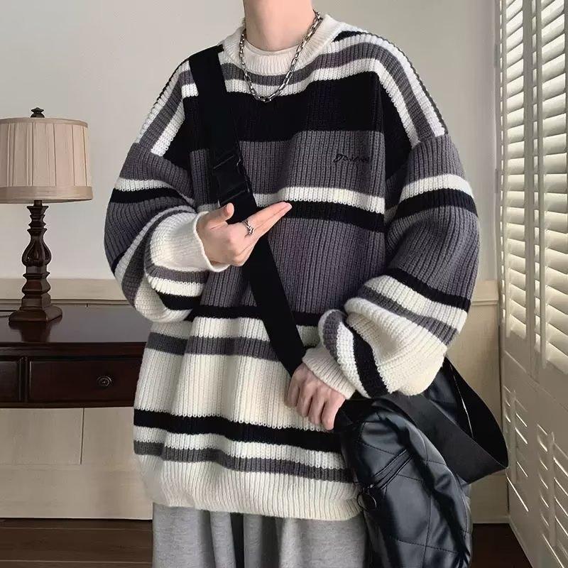 Sweater Men's Japanese Retro Striped Contrasting Bottoming Sweater, Thread Sweater, Thickened Trendy Brand Loose Knitted Sweater Jacket In Autumn 