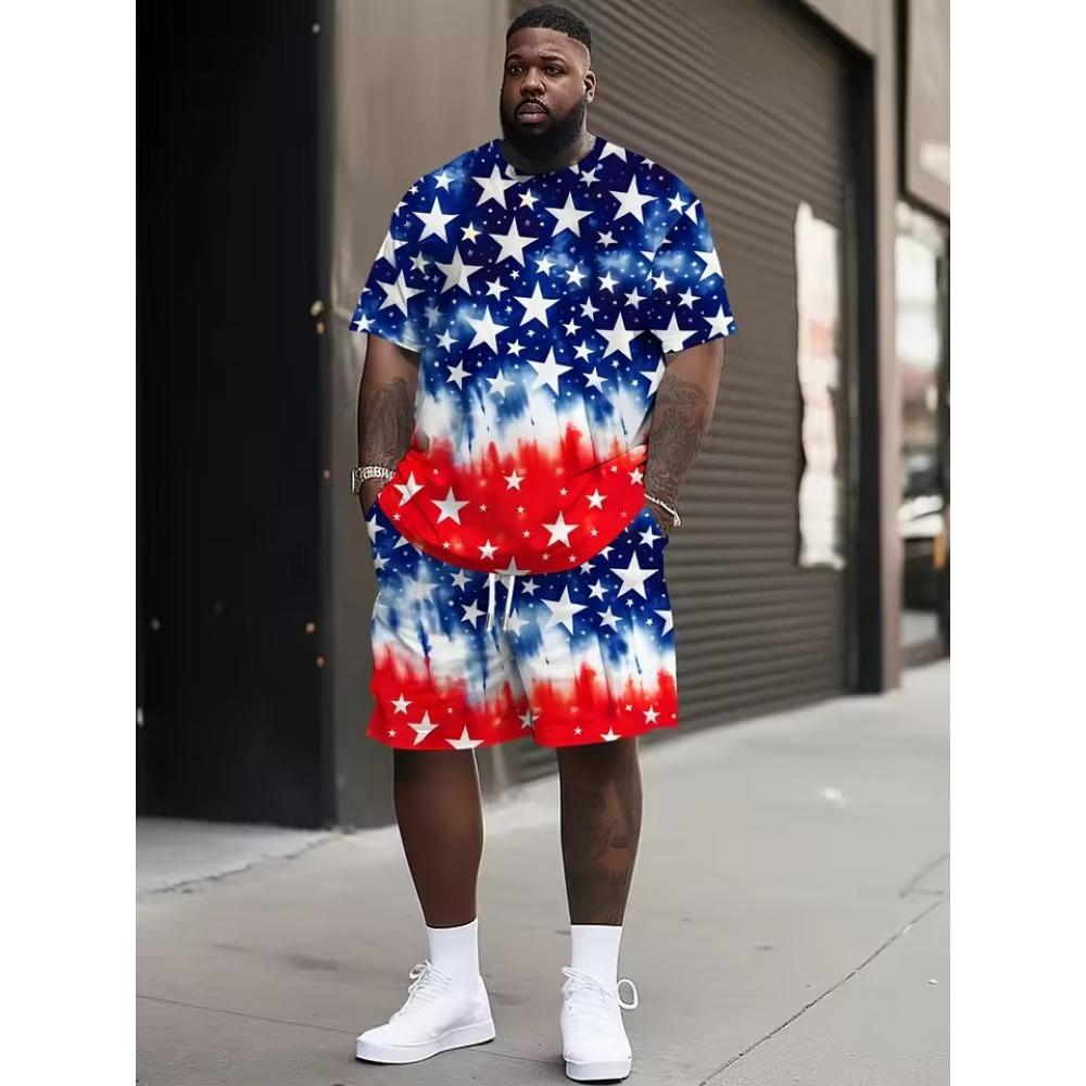New Men's Trendy Teddy Bear Print Micro Elastic Comfortable Breathable Round Neck T-shirt Shorts Set Summer Outdoor Streetwear