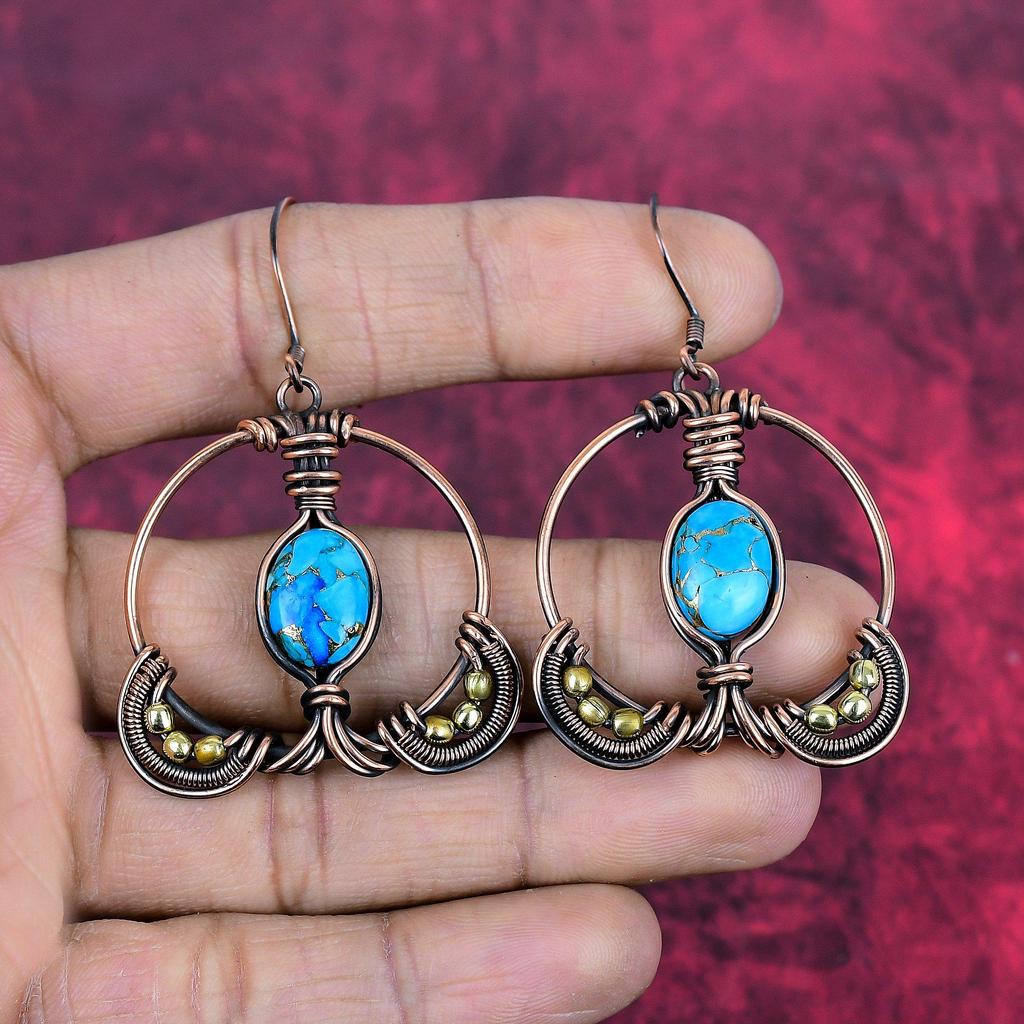 Copper blue turquoise earring copper wire wrapped gemstone earring handmade copper jewelry designer earring wire wrap jewelry gifts for wife
