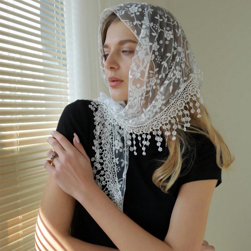 Tassel Triangle Shawl Lace Veil Scarf Bandana Church Prayer Wedding Mantilla Embroidered Headcovering Hijab Women Scarf