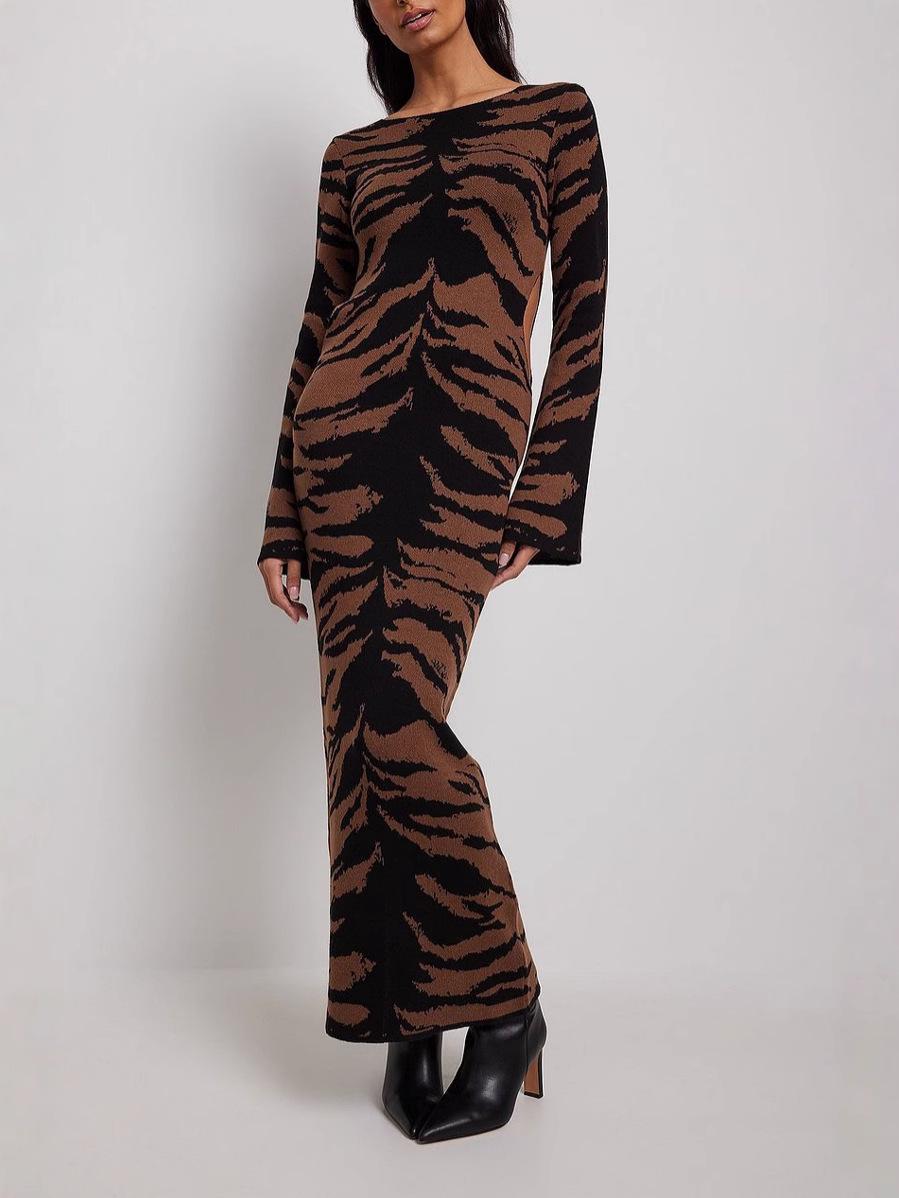 2026 Sexy Leopard Print Slim Fit Micro Flare Sleeve Dress Medium цветной печати леопарда