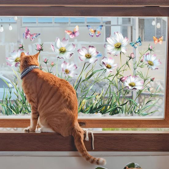 Spring Flowers Window Clings Garden Wildflower Butterflies Glass Sticker Reusable Static Decals for Living Room Home Office