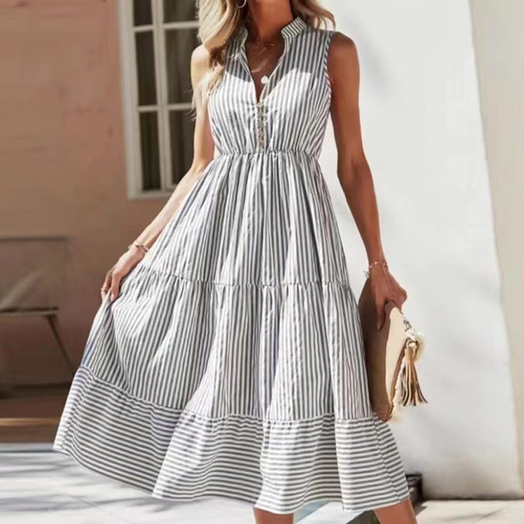 Women's Summer New Sleeveless Striped V-neck Waistcoat Dress