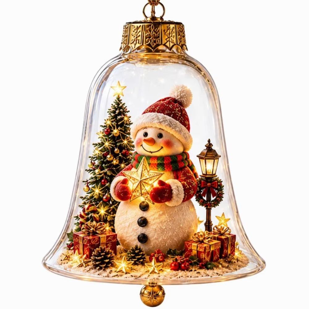 Transparent Lighted Christmas Bell Ornament Acrylic Cartoon Style Clear Christmas Bauble Ornament LED Lighted Plastic