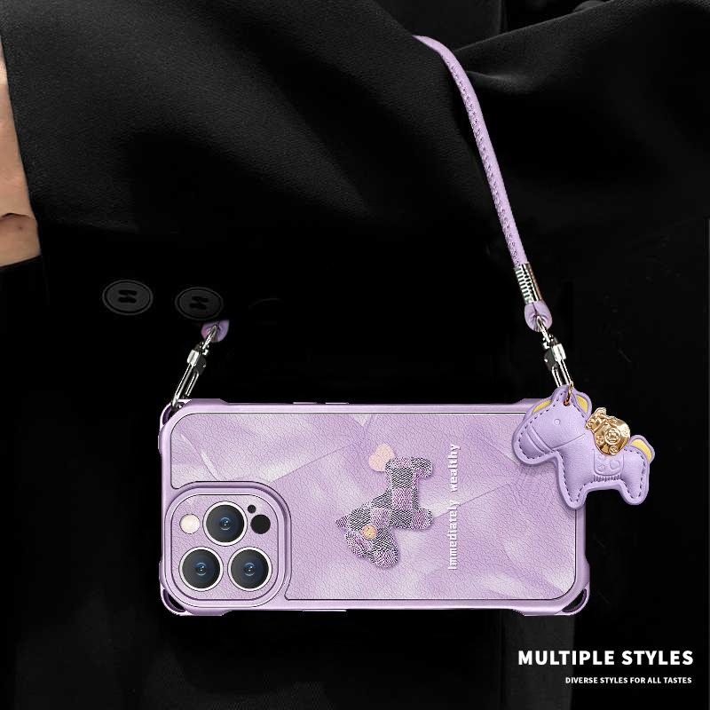Purple pony applies to iphone17promax iPhone 13 mobile phone case 15 four-corner lanyard 16 crossbody 14 silicone