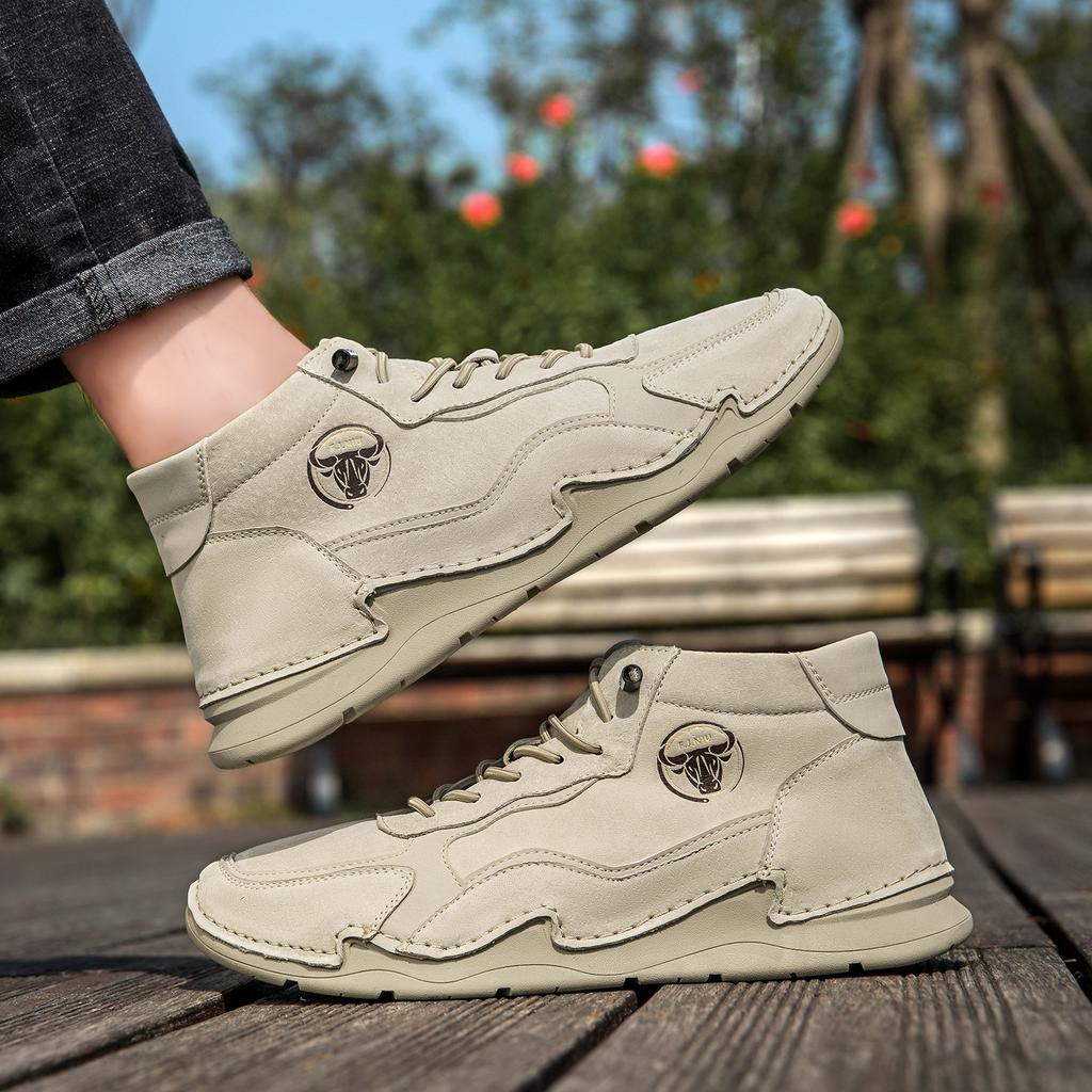 Men's Shoes Split Leather Shoes Lace Up Outdoor Casual Shoes Comfortable Flat Shoes Fashion Sneakers