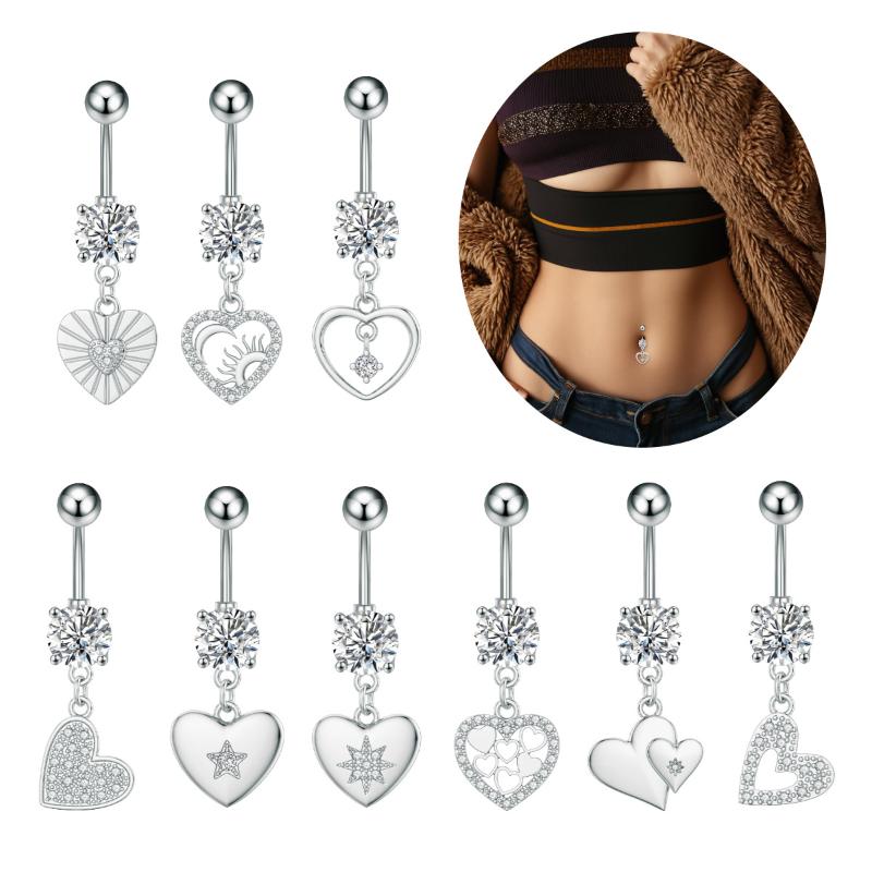 Fashion Heart Stainless Steel Belly Button Ring Shiny Zircon Dangle Navel Ring For Women Sexy Body Piercing Beach Jewelry