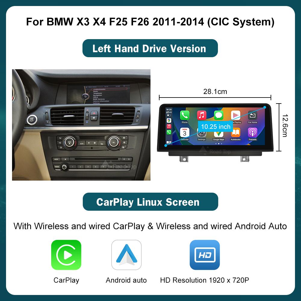 

RoadTop 12.3 Wireless Carplay Multimedia Linux Touch Screen For BMW X3 F25 X4 F26 2011-2016 CIC NBT Android auto Auto Link 10.25 CIC LHD