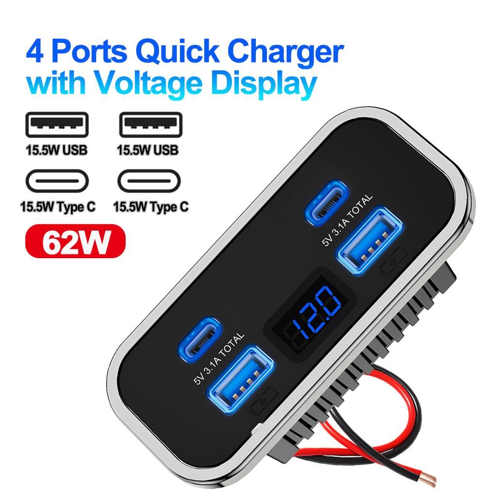 Car Charger Dual USB Type-C 4 Ports Quick Charging Socket QC3.0+PD3.0 Power Adapter For SUV RV Camping Bus Marine