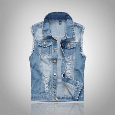 Gilet da moto in denim azzurro chiaro effetto used da uomo - Stile coreano, Taglia grande