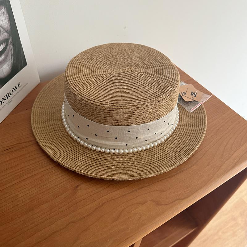 Flat top straw hat women's summer seaside vacation polka dot sun hat pastoral literary and retro top hat