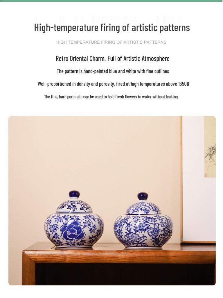 Blue and White Porcelain Flower Vase - Ceramic Tea Can Storage Jar for Home Decor