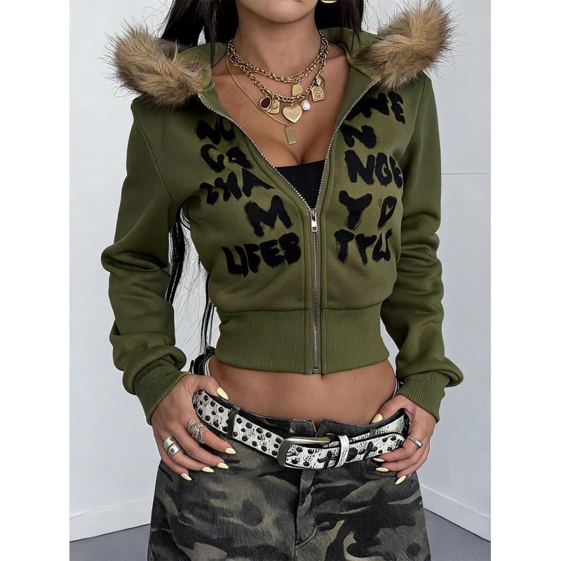 Sweat à capuche oversize court pour femme avec bordure marron pelucheuse Streetwear Pull