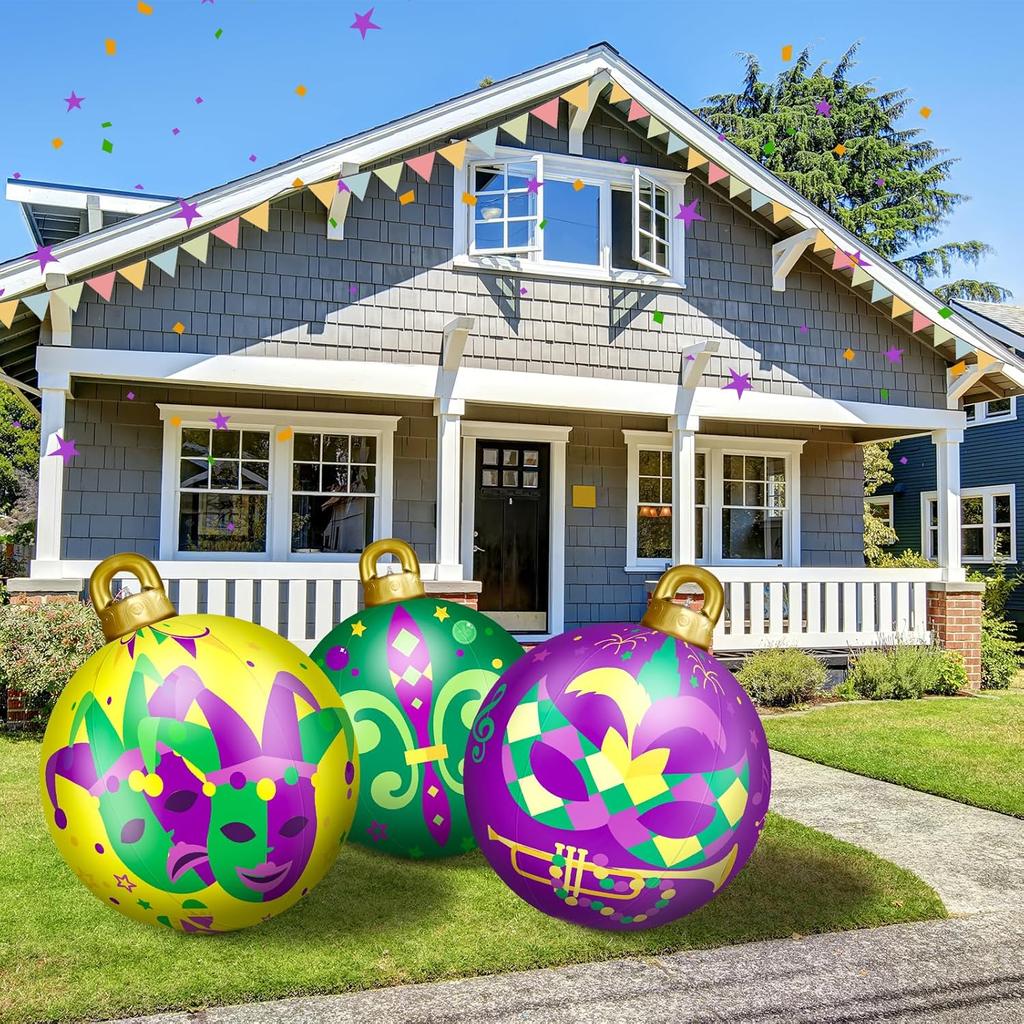 3 Pcs 24 Inch Mardi Gras Decorations Giant Mardi Gras Inflatables Ball Masquerade Inflatables PVC Outdoor Air Blow up Balls for Themed Party