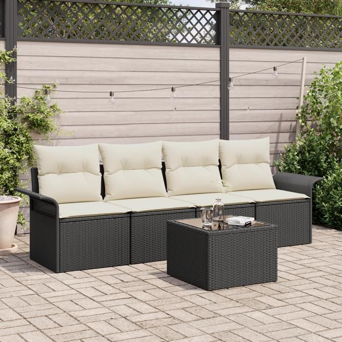 Ensemble de Canapé de Jardin 5 pièces avec Coussins Rattan Poly Noir, Canapé de Jardin 2 places avec Rangement et Coussins 3353896