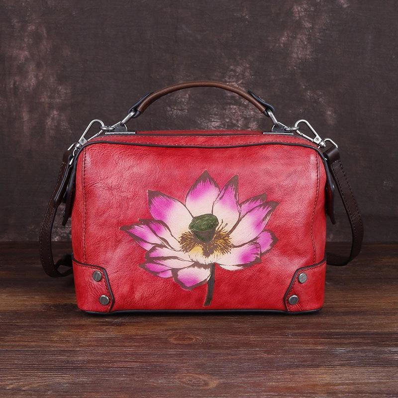 Vintage Leather Female Baotou Layer Cowhide Printed Handbag Texture Handmade Lotus Pillow Bag