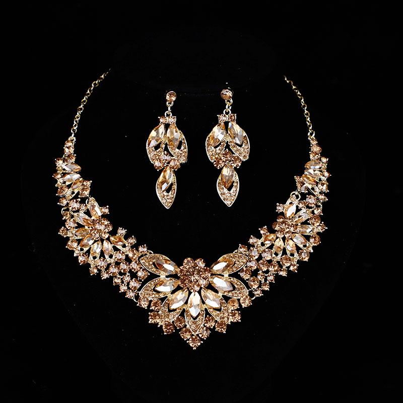 Bridal Necklace Earrings Wedding Dress Full of Diamonds Flowers Two Pieces Crystal Full Diamond Temperament Jewelry Accessory Set