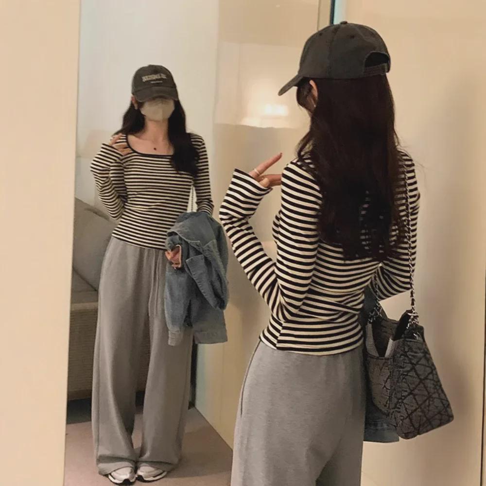 Women's Contrast Collar Striped Long-Sleeve T-Shirt - Autumn 2024 Slim Fit Design
