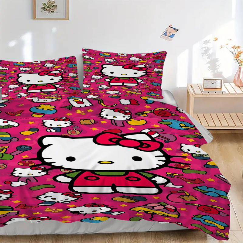 

3pcs Pink Hello Kitty s Printed Quilt Set - Includes 1 Quilt Cover and 2 Pillowcases, Machine Washable - Suitable for All Seasons.S071 135x200cm