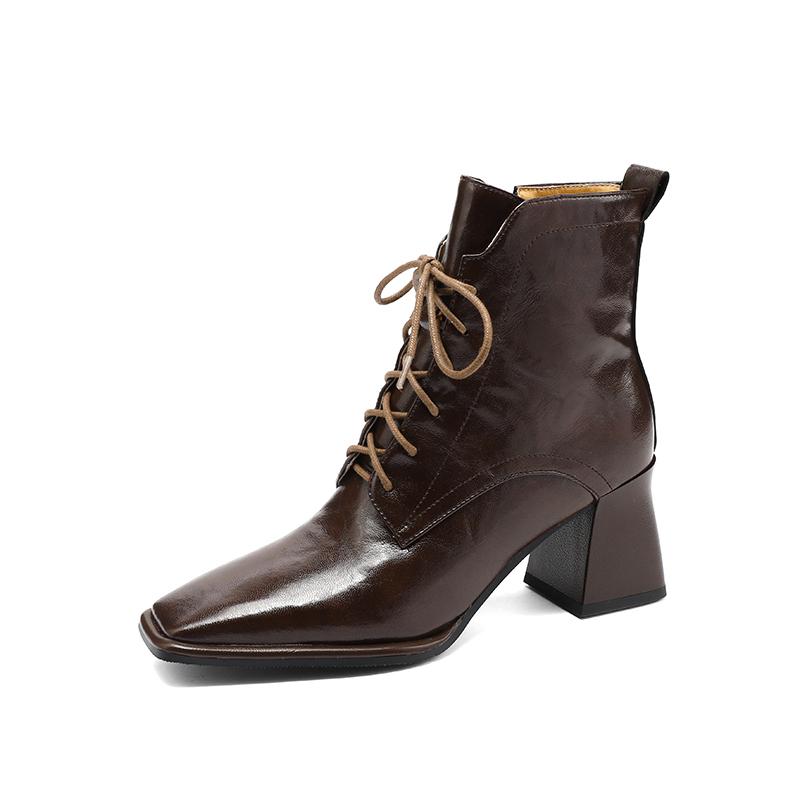 Mote Høst/Vinter Dame Støvletter Firkantet Tå Høy Hæl Sko for Kvinner Svarte Lærstøvletter Dame Snøring Håndlagde Sko Botas de mujer