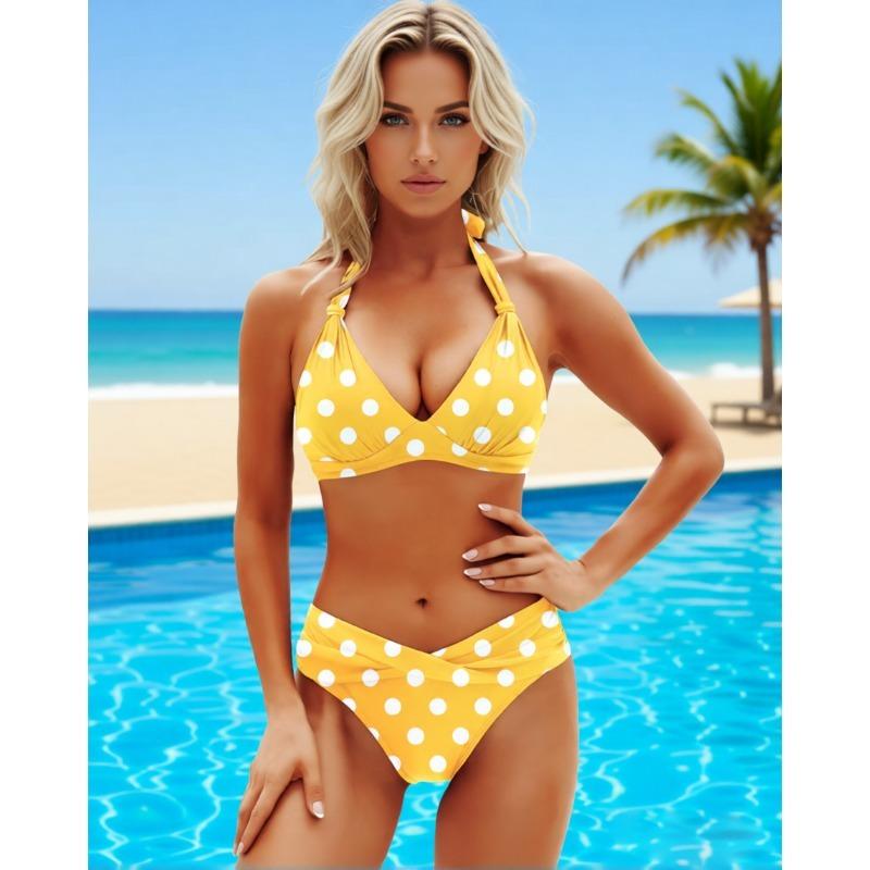 Costume da bagno a due pezzi europeo e americano da donna, colori a contrasto, con laccetto al collo, effetto push-up, vita alta, Bikini sexy