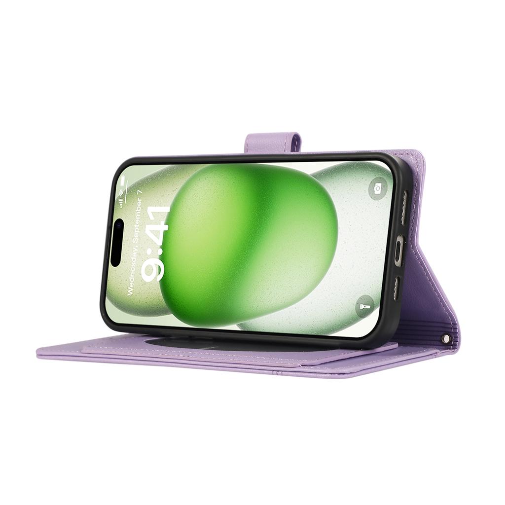 Für iPhone 16 Hülle Mehrere Kartenfächer Reißverschluss Leder Handyhülle mit Schultergurt/Handschlaufe