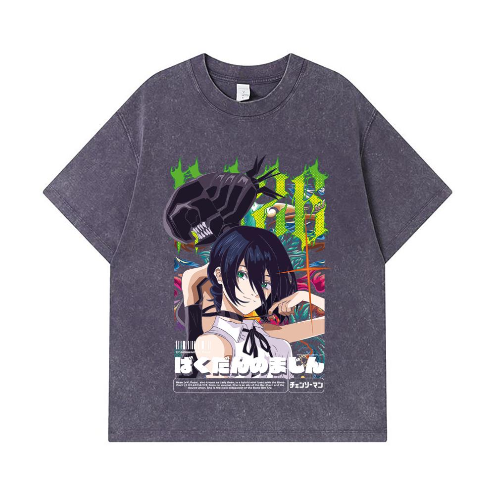275 GSM Washed T-shirts 100% Cotton Chainsaw Man V54 Reze Print Unisex Heavy Cotton T Shirt