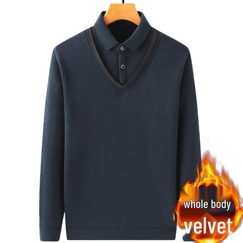 Middle-aged & Elderly Men's Thickened Velvet Knit Sweater Faux Two-Piece