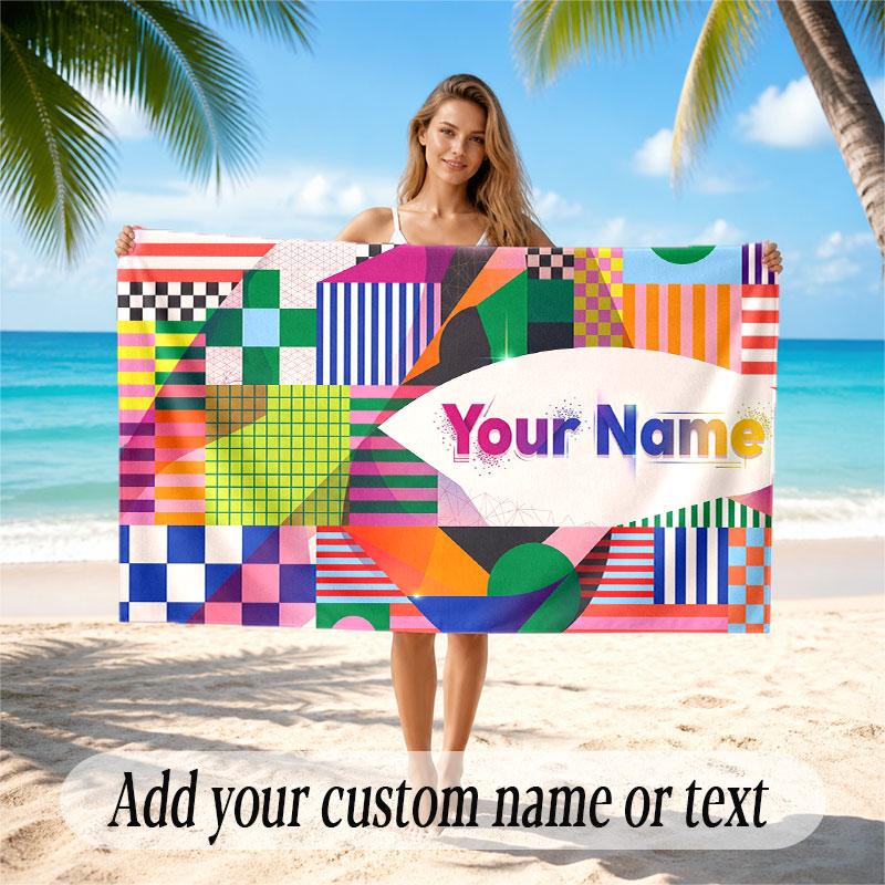 Abstract Geometric Theme Soft Beach Towel Personalized Custom Name Text Towel Portable for Beach Pool Travel
