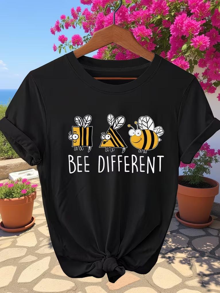 Unique Parade of Bees, Promoting The Fun of Words. Women'S Round-Neck T-Shirt Print Pattern That Says BEE DIFFERENT
