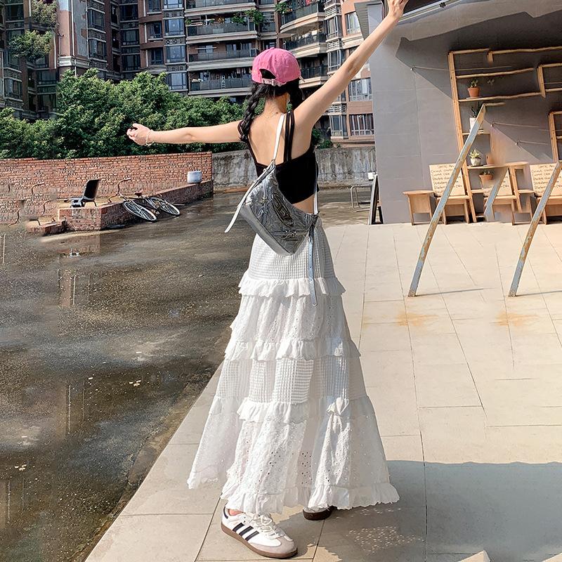 High-waisted A-line Long Skirt, White Skirt, Summer Lace Versatile Gentle Style Cake Umbrella Skirt