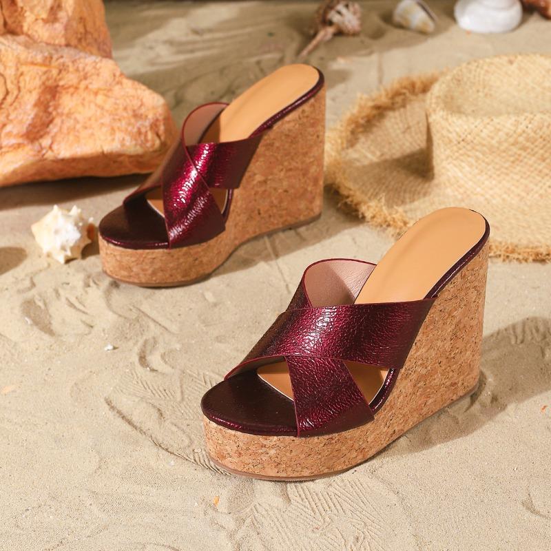 

Eilyken 2026 Summer Wine Red Cross Belt Wedges Heel Thick Bottom Wood Pattern Fashion Waterproof Platform Beach Slippers Shoes 35 вино красного