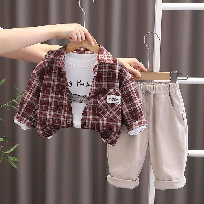 Boys' Long Sleeved 3-piece Set, Children Aged 0-5 Years Old Checkered Jacket+white Printed T-shirt, Casual Pants