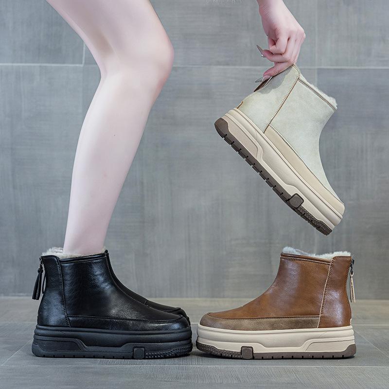 Fashion 5cm Ankle Boots Genuine Leather Spring Winter Plush Knee High Women Autumn Motorcycle Platform Wedge Fashion Shoes