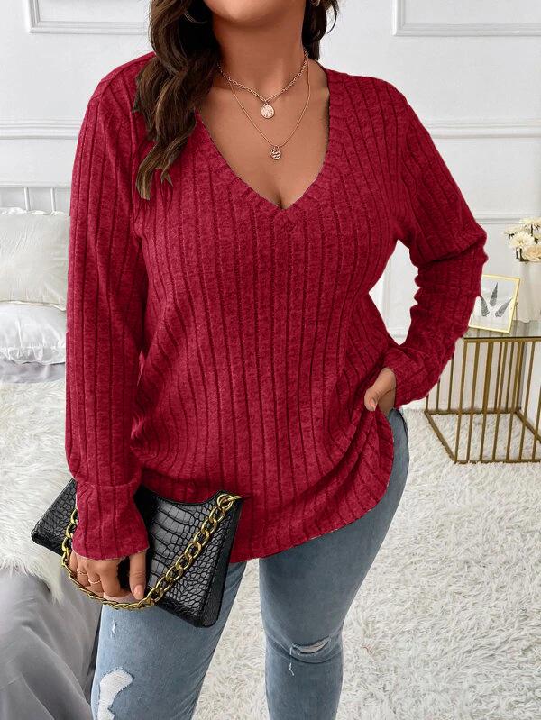2025 Women's Solid Color V-Neck Long Sleeve Anti-Pilling Brushed Top for Autumn and Winter