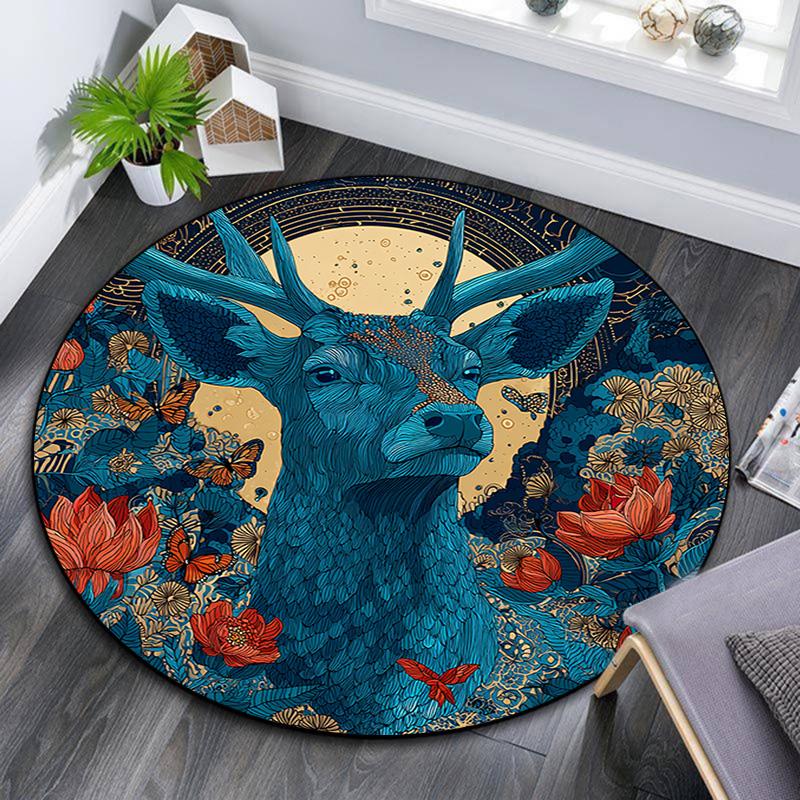 Deer Round Area Rug,Carpet Rug for Living Room Bedroom Sofa Playroom Decor,Non-slip Floor Mat