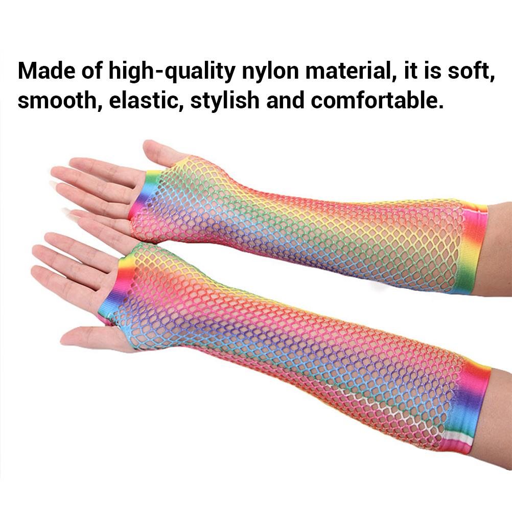 1 Paar Damen Glänzende Regenbogen Bedruckte Netzhandschuhe Aushöhlen Braut Fingerlose Handschuhe für Hochzeit