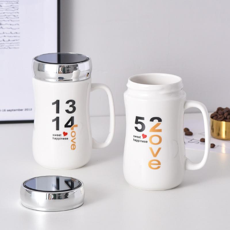 Ceramic Mirror Cup, Creative Couple With Lid, Advertising Promotional Gift Water Cup